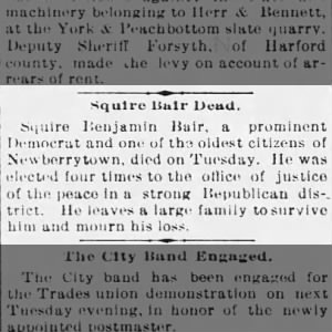 1896-07-09 obit for Squire Benjamin Bair, JP of Newberry Township 
