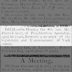 1825 August 16, York Gazette, Patrick Scott Died