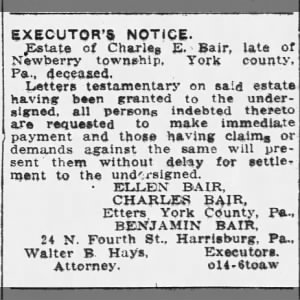 1915-10-14 Executor's notice for C.E. Bair estate